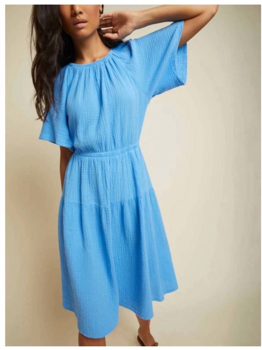 NATION LTD Soon Dress Lapis Blue Gathered Cotton Midi Dress Small